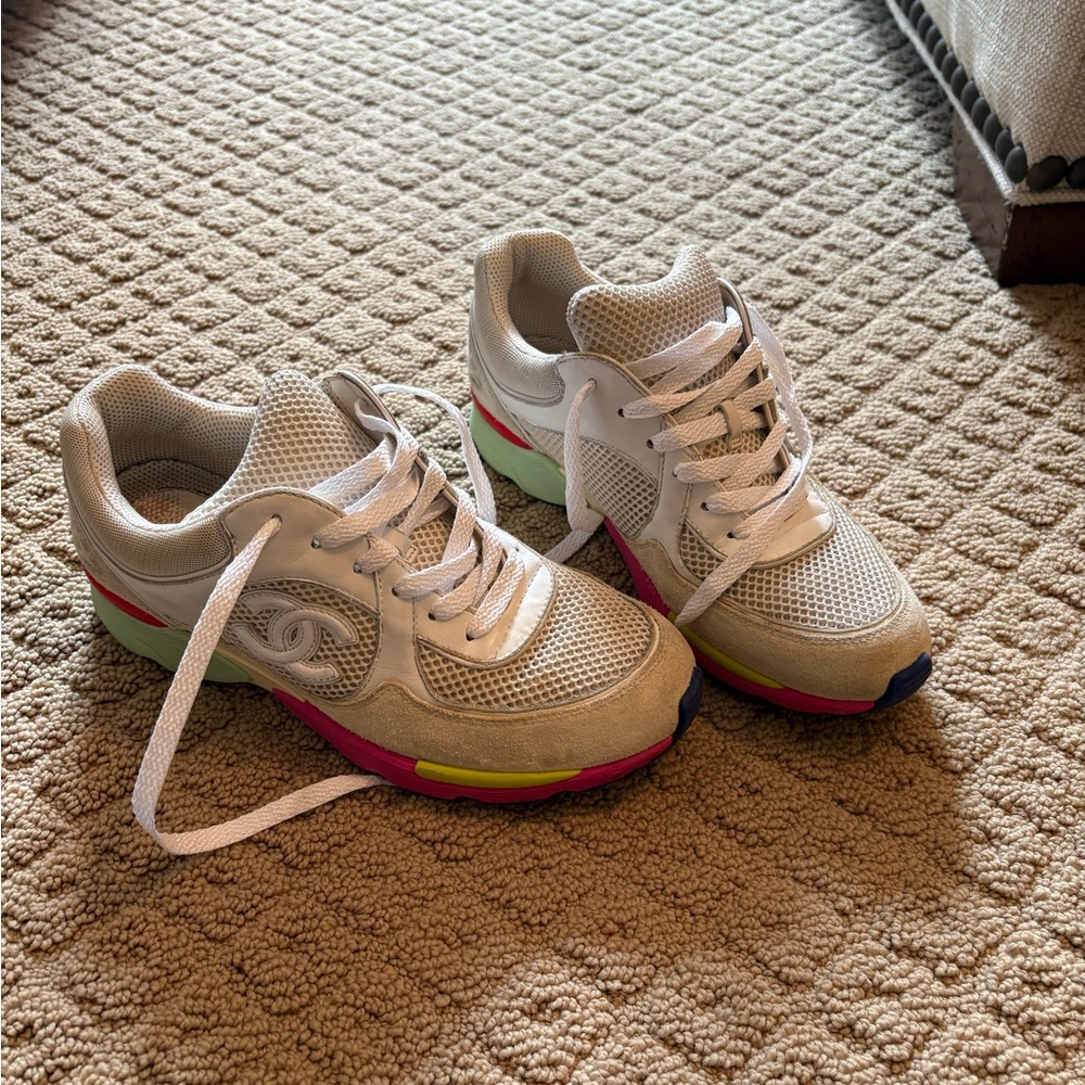 CHANEL Beige Sneakers with Pink and Yellow Highlights